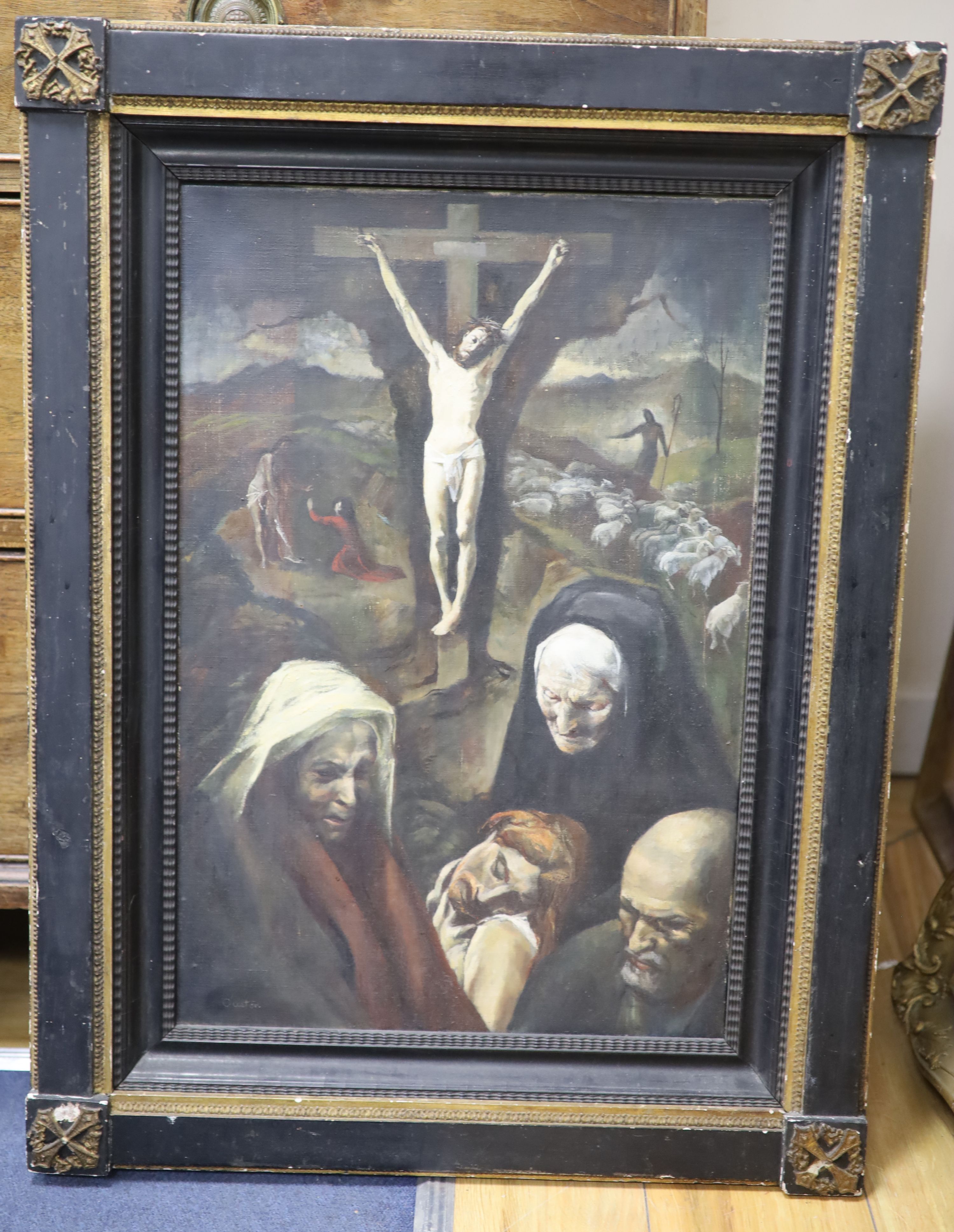 Ouston, oil on canvas, Crucifixion scene with details of the Life of Christ, signed, 60 x 40cm